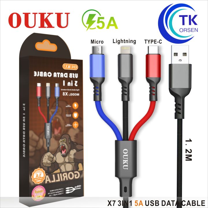 Ouku X8 5A ชาร์จเร็ว Data Cable สายถัก 3 ใน 1 สายชาร์จโทรศัพท์มือถือ สายถัก  ใช้ได้ 3 หัว คือ Micro Usb / Iphone /Type-C | Lazada.Co.Th