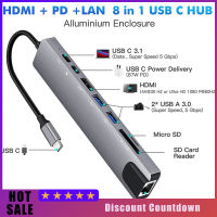 ฮับ USB 8-In-1ตัวแปลงแบบหลายพอร์ตอะแดปเตอร์3.1-4K RJ45ตัวอ่านบัตร TF PD ชาร์จเร็วใช้ได้กับ MacBook