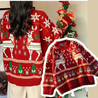 เสื้อกันหนาวพิมพ์ลายกวางเกาหลีของเสื้อกันหนาวคริสต์มาสสตรีรอบคอหลวมเสื้อกันหนาวแบบถัก
