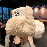 (ร้อน) ถุงมือตลกฤดูหนาว Warm Hand Case สำหรับ 14 13 Pro Max 12 11 10X7 Plus 8 Plus XR XS Fluffy Furry Hair Plush ศัพท์กรณี