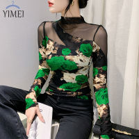 YIMEI เสื้อท่อนล่างลายตาข่ายเข้ารูปพอดีแฟชั่นเสื้อยืดโชว์ไหล่เสื้อยืดแขนยาวฟิตเนสโชว์2023ของผู้หญิงพิมพ์ลายใหม่