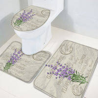 Purple Flowers Lavender Vintage Postcard Bath Mat Set Toilet Seat Cover Rug Anti-Slip Bathroom Rugs and Mat Set Doormats Decor