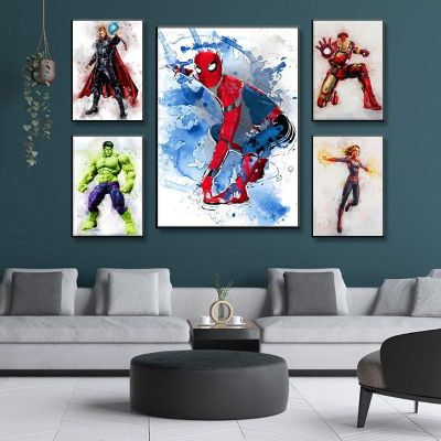 ♦ Disney โปสเตอร์ Avengers Marvel ภาพวาด Spiderman Iron Man Hulk Wall Art Decor ภาพจิตรกรรมฝาผนังตกแต่งบ้านโมเดิร์น