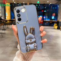 VIVO เคส V27 V29 5G,เคสปลอกอ่อนไวโว V27E เคสโทรศัพท์5G/Y17S/Y36/Y36 5G/Y27/Y77เคลือบอิเล็กโตรขอบตรงปกป้องเลนส์ด้วยขาตั้งกระต่ายน่ารักเคสโทรศัพท์2023