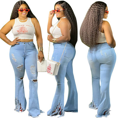 2020 Women Jeans Bell Bottom Ripped Skinny Hole Classic High Waist Flare Denim Zipper Up Button Plus Size 3Colors Trousers