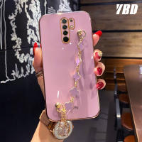 YBD เคสโทรศัพท์เคลือบขอบตรงสำหรับ Xiaomi Redmi 9,เคสป้องกันกล้องที่แม่นยำปลอกสไตล์สาวน่ารักพร้อมสร้อยข้อมือโคลเวอร์สี่ใบ