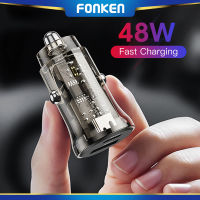 FONKEN Quick Charge Mini Car Charger QC + PD48W Dual Port Usb/ Type-C Super Fast Charge Car Charger โปร่งใสที่มองไม่เห็นสำหรับ I-Phone Xiaomi Huawei โทรศัพท์มือถือ