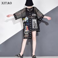 XITAO T-Shirts Hollow Out Mesh Irregular Single Breast Women T Shirt