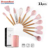 ❤️ Dream ที่ดีที่สุดเครื่องใช้ในครัวชุด 11Pcs ซิลิโคน Non-Stick ลำกล้องอุปกรณ์ทำอาหารชุดซิลิกาเจลภาชนะไม้ Handle ชุดเครื่องครัว