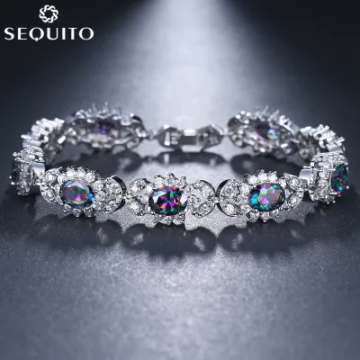 SEQUITO ขายส่งธรรมชาติ Mystic Rainbow Cubic Zirconia หินดอกไม้สร้อยข้อมือเทนนิสกำไลข้อมือสำหรับผู้หญิง Unique Hand เครื่องประดับ B146