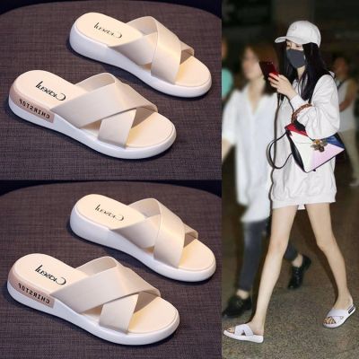Sandal womens new summer Korean version one-word cross band platform trendy student wedge heel slippers