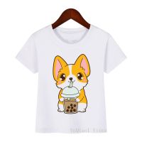 2023 newkawaii Corgi ดื่มเครื่องดื่มสัตว์พิมพ์เสื้อยืดสาวเด็กฤดูร้อนท็อปส์เด็กเสื้อผ้าอันตรายเสื้อ camisetas ตลกปิด