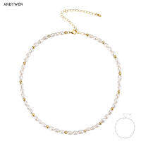 ANDYWEN 925 Sterling Silver Gold Pearl Beads Natural Pearls Choker Necklace Chain Luxury ashion Fine Jewelry For 2021