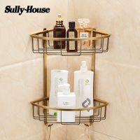 ♧☁ Sully House Antique Brass bathroom corner basket shelfDual Tier Shelves with 2 Robe HookWall Mounted Shampoo Cosmetic Rack