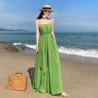 Web celebrity temperament of tall waist drape wide-legged pants female summer beach vacation Chinese wind braces jumpsuits mop the floor