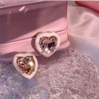 Beautiful Pink Crystal Love Heart Stud Earrings For Women Korean Style 2022 New Jewelry Wholesale