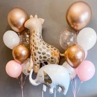 (TEX)15pcs Giraffe Elephant Cartoon Animal Helium Balloons White Rose Gold Latex Globos Happy Birthday Party Decor Girl Baby Shower