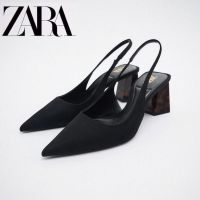 Summer new ZA/RAˉwomens shoes black slingback thick heel French style mules Heeled Sandals