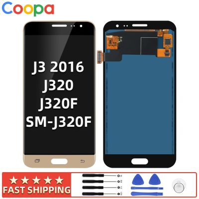 5.0 "สำหรับ Samsung Galaxy J3 J320 J320f J320h ชิ้นส่วนจอสัมผัสแอลซีดีของเครื่องแปลงดิจิทัลเปลี่ยนด้วยการควบคุมความสว่าง