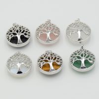 Natural Round Gem Stone Tree of Life Necklaces Pendants Jewelry White Crystal Pink Quartz Lapis Lazuli Tiger Eye Opal Pendant