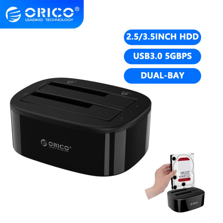 orico-แท่นวางมือถือฮาร์ดไดรฟ์แบบ-dual-bay-สำหรับ-sata-เป็น-usb-ฮาร์ดดิสก์-ssd-2-5-3-5นิ้วแท่นวางมือถือแท่นอุปกรณ์เชื่อมต่อฮาร์ดดิส3-0พร้อมอะแดปเตอร์ไฟ12v3a