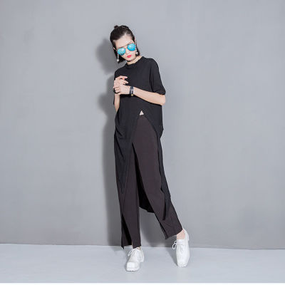 [EAM] Women White Solid Color Asymmetrical Vent Long T-shirt New Round Neck Short Sleeve Fashion Tide Spring Summer 2021 T298