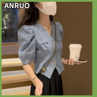 ANRUO เสื้อเชิ๊ตแขนพองคอวีสำหรับ2023ใหม่สำหรับฤดูร้อนเสื้อเชิ๊ตสตรีดีไซน์เซ้นช์สไตล์ฮ่องกงมีกลิ่นหอมขนาดเล็กเสื้อเอวลอย