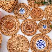 【CC】✙  Drink Coasters Woven Rattan Placemats Round Tableware Mats Cup Insulation Coaster