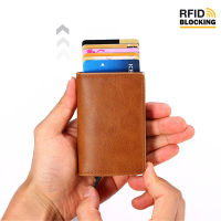 Business ID Credit Card Holder Men Women Metal RFID Vintage Aluminium Box PU Leather Card Wallet Note Automatic Pop Up Card Case