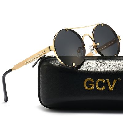 แว่นตากันแดดกรอบโลหะทรงกลมแบรนด์นักออกแบบวินเทจชายหญิงแว่นตาสตรีมพังก์โกธิกคุณภาพสูงโพลาไรซ์ GCV