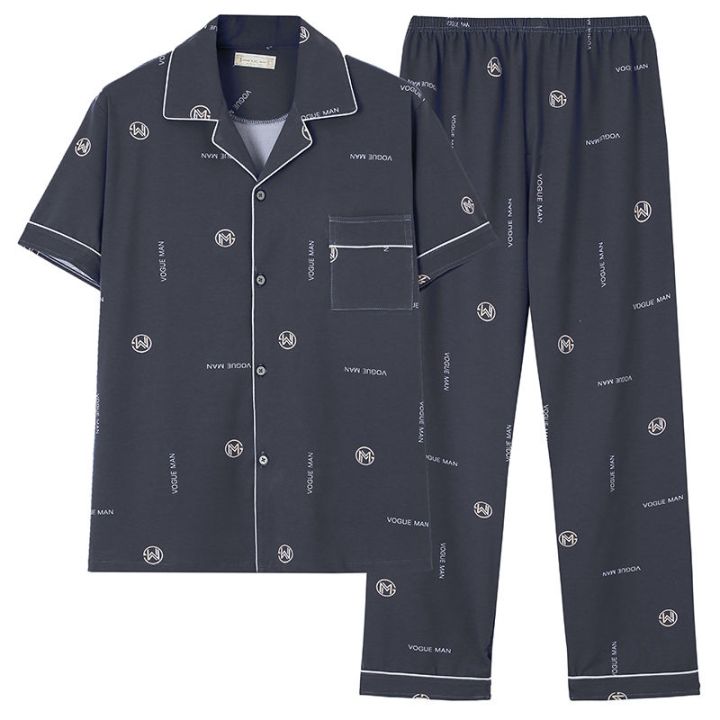 muji-high-quality-pajamas-mens-summer-high-end-pajamas-thin-section-short-sleeved-large-size-loose-cardigan-pajamas-combed-cotton-home-clothes-suit