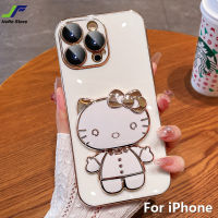 JieFie Hello Kitty เคสโทรศัพท์สำหรับ iPhone 14 Pro Max 13 Pro Max 12 Pro Max 11 Pro Max 6S Plus 7 8 Plus XR X XS Max ตุ๊กตาน่ารักกระจกแต่งหน้าชุบโครเมียมฝาครอบพร้อมตัวยึดหลัง TPU แบบนิ่ม