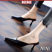 ♘✹ 【NINI】Baotou Half Slippers Womens Korean-Style Fashion All-match Fitting Shoes Black Tip Thin Heeled Lazy High Heel Slippers Summer2020