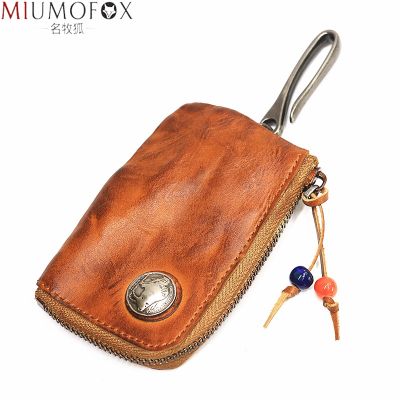 Original Leather Key Wallet for Men Short Vintage Handmade Zipper Car Key Holder Coin Purse Card Case Bag Organizer Housekeeper