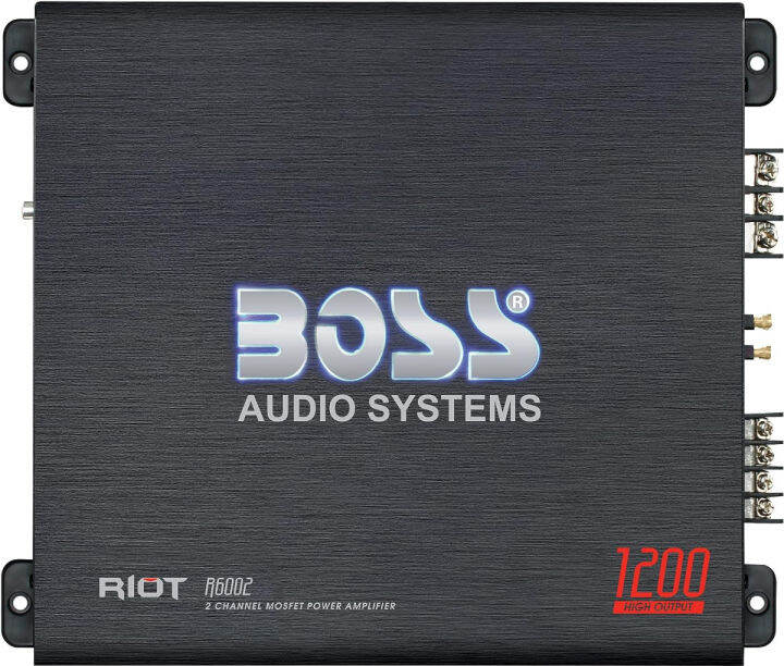 boss-audio-systems-r6002-riot-series-car-audio-stereo-amplifier-1200-high-output-2-channel-class-a-b-2-4-ohm-low-high-level-inputs-high-low-pass-crossover-full-range-bridgeable-subwoofer-1200w-2-chann