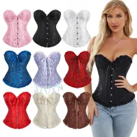 Jacquard Floral Overbust Corset ด้านหน้า Busk/ซิปเอว Bustier Top Elegant Corselet Basques