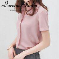 LAREINE เสื้อเชิ้ตแขนสั้นของผู้หญิง,เสื้อเบลาส์สีพื้นเวอร์ชันหลวมใส่ทำงานสไตล์ลำลอง