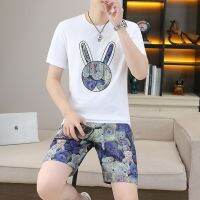 【July hot】 mens casual suit Korean short-sleeved T-shirt a complete set of two-piece floral