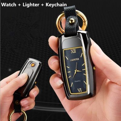 ZZOOI New Creative Multifunction Watch Keychain Lighter Mini Flashlight Lighters USB Charging Windproof Electronic Lighter