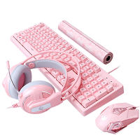 Mouse Keyboard Set Gaming Mechanical Keyboard Wired Mouse Headphone with Microphone Breathing Light for PC Computer Laptop Pink