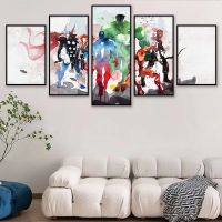 สีน้ำ Avengers Wall Art โปสเตอร์ Iron Man Thor Hulk ภาพวาดผ้าใบ