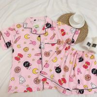 Cute Print Women Pajamas Sets Summer Short Sleeve Cartoon Sleepwear Pink Pijama Mujer Female Nightsuit Cat Moon