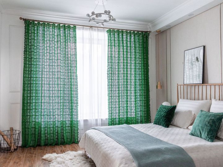 ผ้าม่านและผ้าม่านแบบโพรงกลวงแฮนด์เมดสีเขียวสำหรับห้องนอนห้องนั่งเล่นระเบียงสไตล์สดใสขายดี