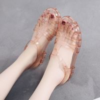 [COD] sandals old-fashioned Baotou womens summer new low-heeled flat bottom transparent jelly shoes net red explosion models fairy fan