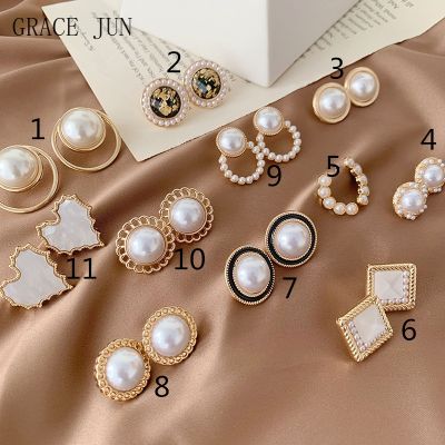 【YF】 GRACE JUN Fashion Simulated Pearl Geometric Heart Clip on Earrings No Pierced for Women Girl Fake Piercing Gold Color Ear