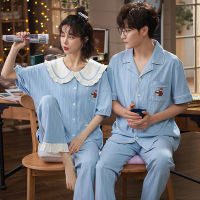 SLPBELY Couple Pajamas Set Homewear Summer Cotton Cartoon Sweet Doll Collar Short Sleeve Pyjamas Cute Lover Sleepwear Nightwear