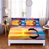 Dolphin Digital Printed 3pc Polyester Fitted Sheet Mattress Cover Four Corners with Elastic Band Bed Sheet Pillowcases