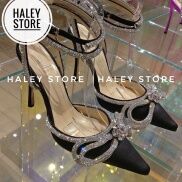 Giày sandal 9cm HALEY STORE bít mũi da lụa đính nơ xoàn đá phale quai