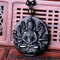 ZZOOI Natural Stone Pendants Black Obsidian Carved Round Thousand Hands Guanyin Buddha Amulet Lucky Lovers Pendant Necklace Jewelry