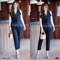 TW7259 Set 2 ชิ้น #สาวอวบ เสื้อแขนกุดพร้อมเชือกผูกโบว์+กางเกง 5 ส่วน **สอบถามก่อนสั่งซื้อ**